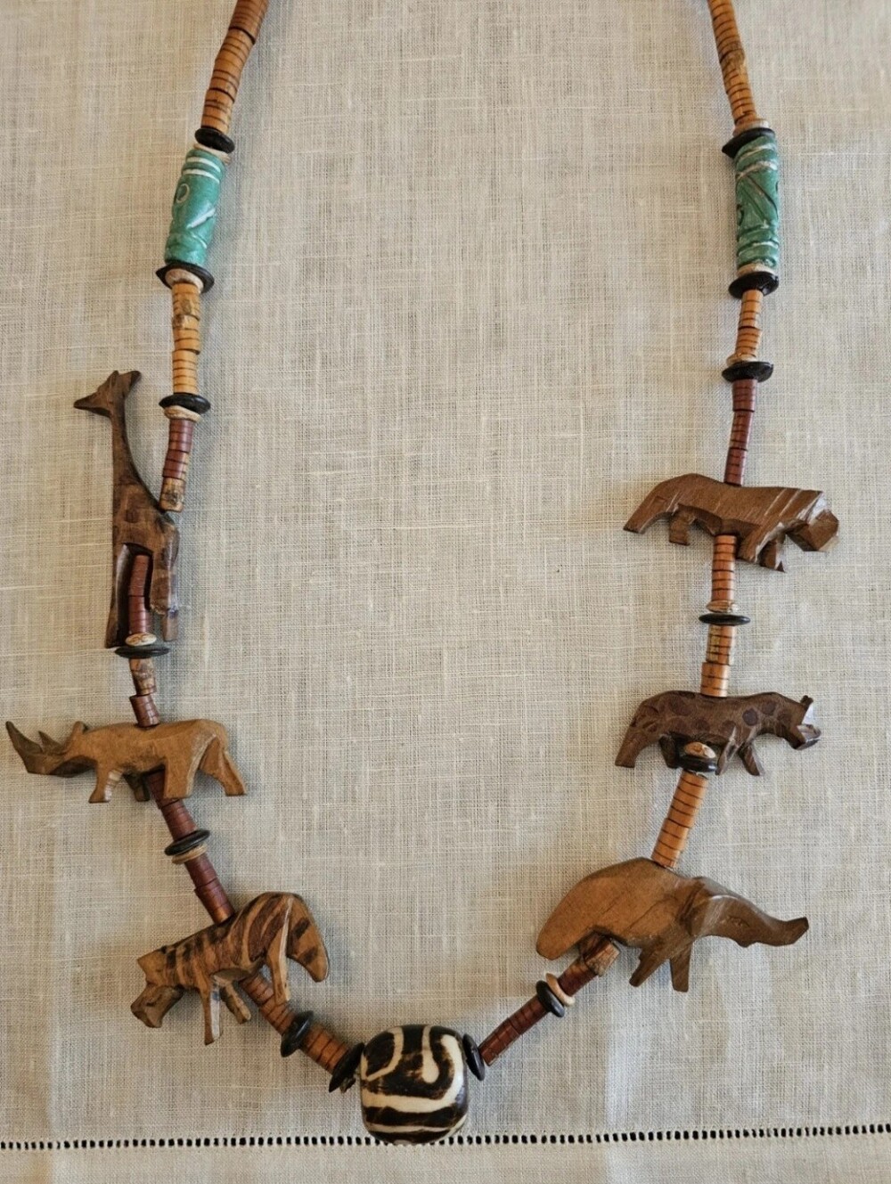 Vintage African Safari Hand Carved Wood Animal Bead Necklace 33"